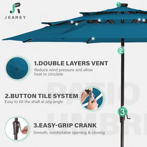 Image of JEAREY 3 Tiers Patio Umbrella with Solar Lights 9ft Outdoor Market Table Umbrellas with Push Button Tilt for Outside Pool Garden, Lake Blue