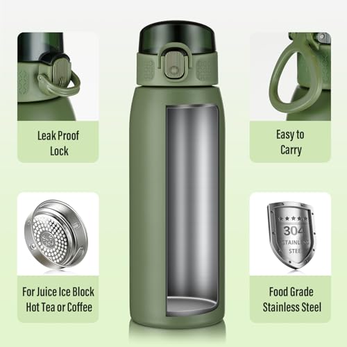 Image of Insulated Water Bottle 18 oz with Dustproof Lid, Carry Handle & Tea Infuser, BPA-Free & Leakproof, Stainless Steel Water Bottles Ideal for Fitness, Hiking, Office & Outdoor Use (Olive Green )