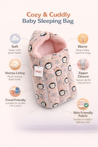 Image of PWI Baby Sleeping Bag for 0-6 Months, Ultra Soft Plush & Sherpa Warm Winter Wrapper with Hood & Zip, Newborn Swaddle Blanket for Stroller & Home Use