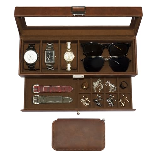 GLOBAL KA Watch Box and Watch Storage Bag Set,3 Compartment Watch Display Box with Drawers and a Portable Watch Case, Men's Watch Box with Glass Lid, 2 Tier Jewelry and Watch Organizer