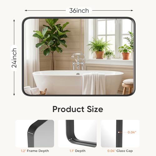 Image of Sweetcrispy Bathroom Wall Mirror, 36x24 Inch Mirror for Over Sink, Black | Modern Wall Mount Vanity Mirror Rounded Rectangle with Matte Brush Metal Framed, for Home Decor, Living Room, Bedroom