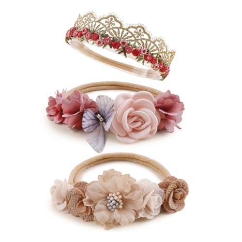 Image of mligril Baby Girl Floral Headbands- 3pcs Nylon Headband Handmade Flower Crown Elastic Hairband Newborn Toddler Hair Accessories Gifts for Girls (1-6 years old)