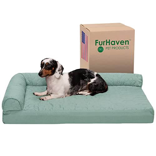 Image of Furhaven Cooling Gel Dog Bed for Medium /Small Dogs w / Removable Bolsters & Washable Cover, For Dogs Up to 35 lbs - Pinsonic Quilted Paw L Shaped Chaise - Iceberg Green, Medium