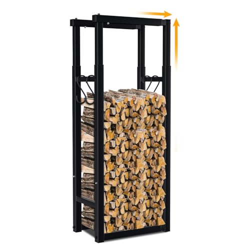 Ansobea Estantería de metal ajustable para leña, 9 tamaños, con 4 ganchos, para interior y exterior, longitud ajustable: 40 – 65 cm