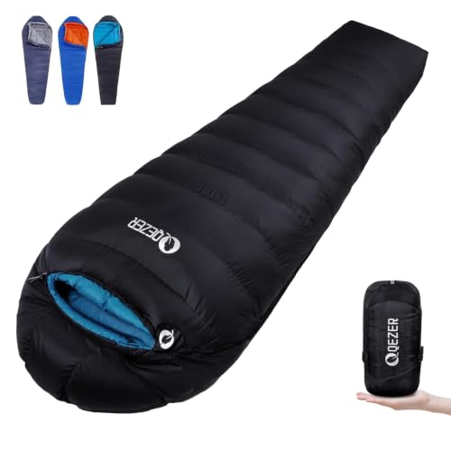 QEZER Down Mummy Sleeping Bag for Adults, 54°F to 28°F Warm Weather Lightweight Compact for...