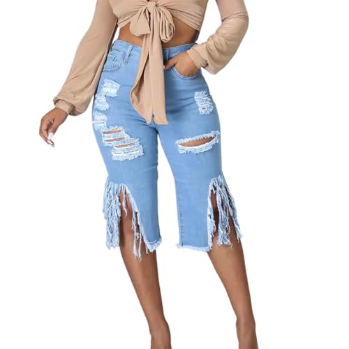 Women's Ripped Elastic Tassel Jeans, Street Trend, Tight Fitting, high Waisted mid Length Pants