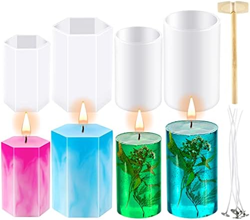 4 Pieces Cylinder Hexagon Candle Molds Pillar Candle Silicone Molds Silicone Casting Epoxy Resin Molds with 5 Candle Wicks and 1 Hammer for Candle Making