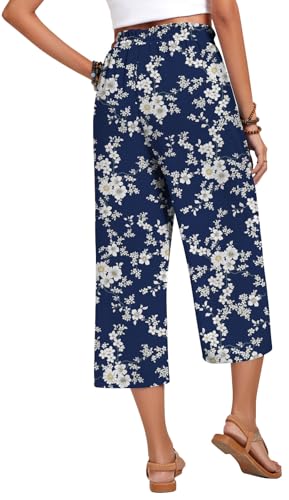 Image of Anyhold Women's Capri Pants Drawstring Casual Palazzo Trousers with Pockets Loose High Waisted Wide Leg Lounge Pants