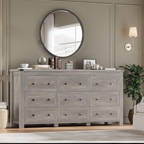 Image of BORNOON 9-Drawer Dresser, Modern Wooden Storage Chest of Drawers, Dresser TV Stand, Wood Drawer Organizer with Metal Handles for Bedroom, Living Room, Hallway