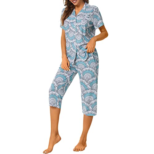 Image of Tugege Capri Pajamas Set Womens Button Down Short Sleeve Lounge Sets Sleepwear Notch Collar Top & Capri 2 Piece PJ Sets