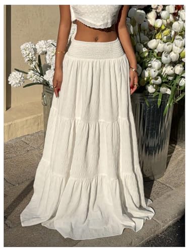 Women's Boho Tiered Ruffle Flowy Maxi Skirt Elastic High Waisted Summer Skirts4