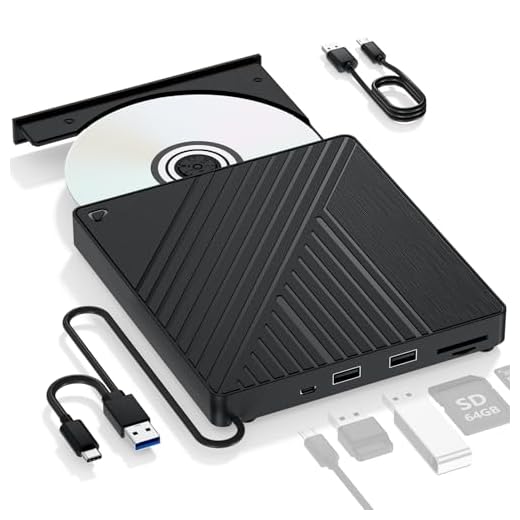 Ultra-Portable 5-in-1 External Blu-ray Drive: USB 3.0 & USB-C DVD/CD Burner, BD Reader with Dual USB-A Ports & SD/TF Card Readers – Seamless Laptop/PC Compatibility for Windows, Mac, Linux (5 IN 1)