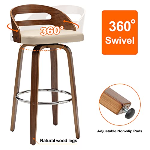 Wupoto Bar Stools Set Of 2, Swivel Bar Height Stools With Low Back, Wood Bar Chairs With Soft Cushion Seat, 24.6-Inch Seat Height (Beige, 26" Counter Height) #TOP3