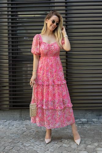 Image of Sheetal Associates Women's Floral Puff Sleeve High Waist A Line Flowy Long Dress