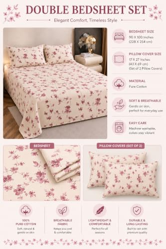 Image of Amazon Brand - Umi Soft Cotton King Bedsheet 90X100 Inches | 160 TC Lightweight Fabric | Beautiful Elegant Design | 2 Matching Pillow Covers