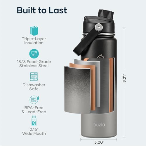 Image of BUZIO 24 oz Insulated Stainless Steel Water Bottle with Straw & Spout Lids