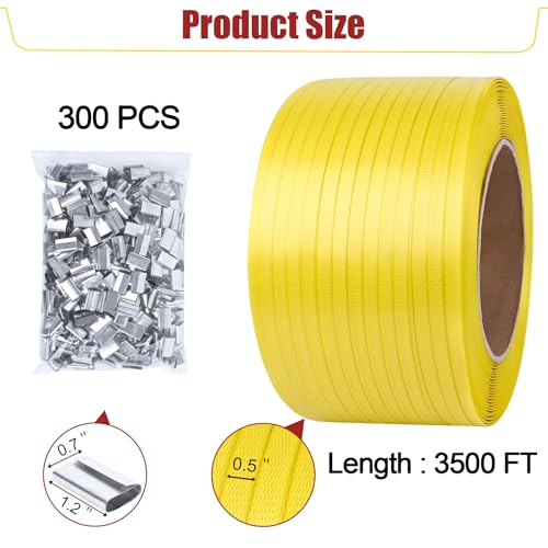 Image of MYFAMIREA Heavy Duty Packaging Strapping, 1 /2 inch x 3500FT Polypropylene Plastic Packaging Strapping, 300 Metal Seals, for Pallets, Logistics, Warehouse, Box Packaging and Shipping, Yellow