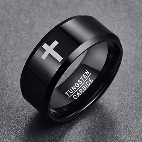 Cross Ring for Men 8mm/10mm Tungsten Wedding Bands Christian Rings with Beveled Edges Comfort Fit Size 7-122
