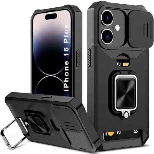 Image of LuxuryKase Shockproof Armor Case for iPhone 16 Plus | Slide Camera Cover | Hidden Card Slot | Rotating Ring Kickstand | Magnetic Car Mount Support | Military Grade Protection - Black