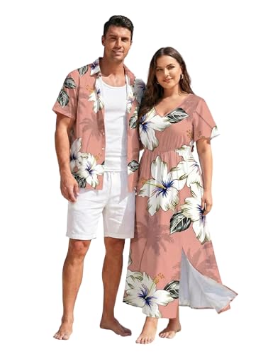 Image of Matchable Couple Hawaiian Sea Beach Starfish Turtle Shell Print Shirt or Plus Size Midi Split A Line Dress
