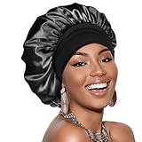 Adubor Silk Bonnet for Sleeping Women Men - Larger Double Layer Satin - Non-Slip Silk Turban - Hair Bonnet for Sleeping - Sleep Cap for Curly Hair (Black 1PC)
