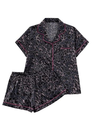 Image of SHENHE Women's 2 Piece Satin Pajama Set Leopard Short Sleeve Button Down Pj Shorts Set