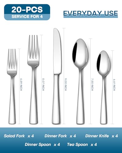 Stapava 20 Piece Silverware Set, Food-Grade Stainless Steel Flatware Sets for 4 Mirror Polished Cutlery Utensil Sets Include Dinner Knives Spoons and Forks Set Dishwasher Safe for Home Restaurant #2