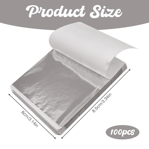 100 Blatt Blattsilber Imitation,8.5 × 8cm Metallfolie Silber Blatt zum Basteln,Silberfolie Flocken,Silber Blattmetall,Silberfolie Blätter für DIY Kreation,Handwerk Nagel,Vergoldung,Malen Kunstprojekt