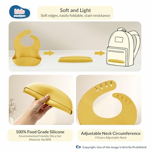 Image of Kids Station 8-Piece Silicone Baby Feeding Set | Suction Bowl, Plate, Bib, Cup, Spoon & Fork | 100% Food Grade BPA-Free Silicone | Non-Slip, Easy to Clean (Pack of 8, Yellow)