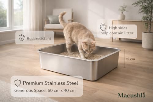 Image of Macushla Stainless Steel Cat Litter Box Large Open Tray 60 * 40 * 15 cms, Rust Proof Metal Litter Tray, Odor Resistant Easy Clean Litter Box for Kittens and Adult Cats