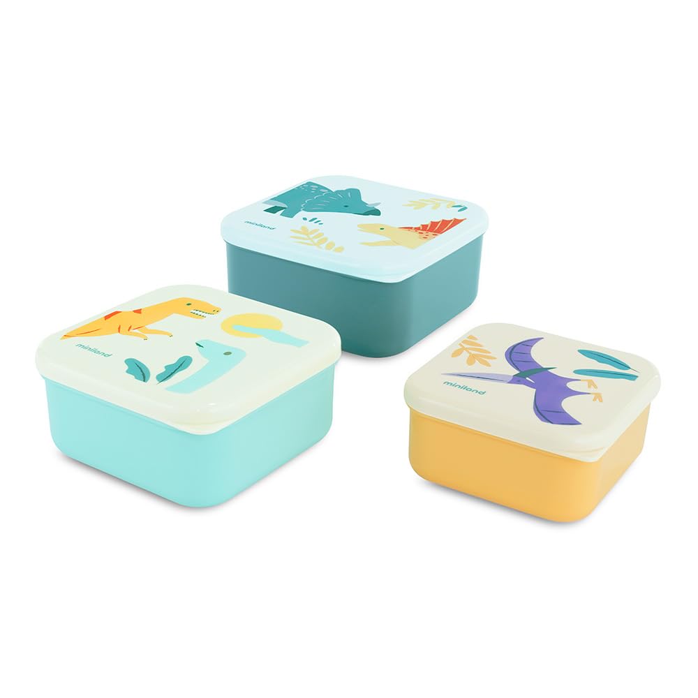 Miniland - Set of 3 Kids Lunch Boxes, Stackable Food Containers, Dishwasher Safe and BPA-Free (Jurassic)