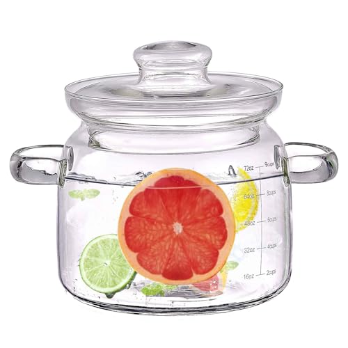 Jjojcll 2.3L(75oz) Glass Cooking Pot with Lid,Handmade Borosilicate Glass Stockpot with Graduations - Glass Saucepan with Cover for Cooking and Serving