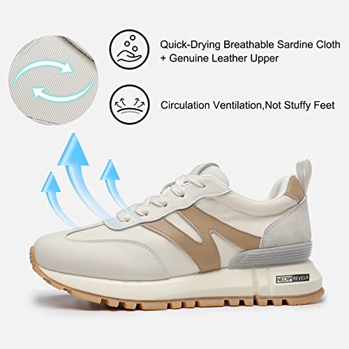 Somiliss Sneakers For Women Genuine Leather Suede Patchwork Casual Lace Up Non-Slip Walking Shoes Comfortable Tennis Running Shoes Womens Fashion Sneakers Beige #TOP1