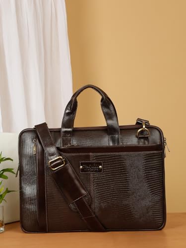 Image of TEAKWOOD LEATHERS Unisex Green Lizard Leather Structured laptop Bag | BROWN