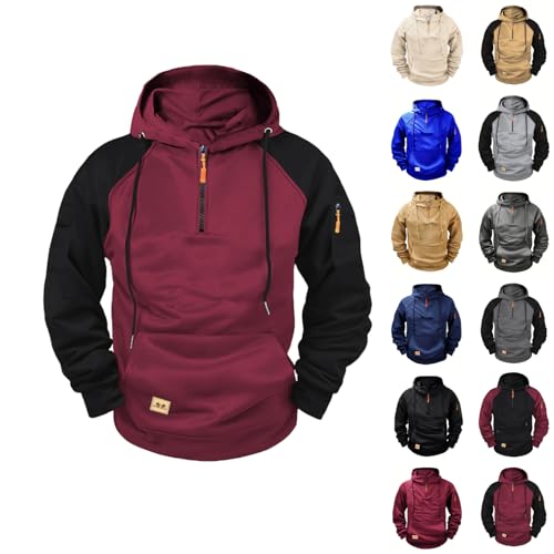 Tactical Hoodies for Men Quarter Zip Cargo Pullover Hoodies Fleece Military Outdoor Hooded Sweatshirts with Pocket Wine