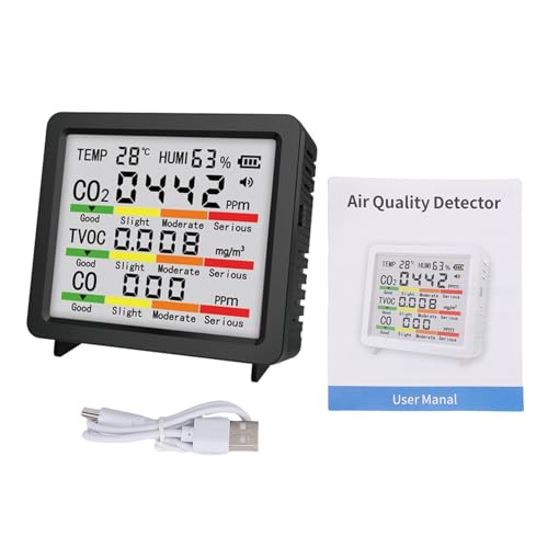 Generic Probador Portátil de Calidad del Aire Interior 5 en 1, Detector de Temperatura y Humedad de CO2 TVOC CO, Monitor de Gas Multifunción, Ideal para el Hogar, la Oficina, el Automóvil y el (BLACK)