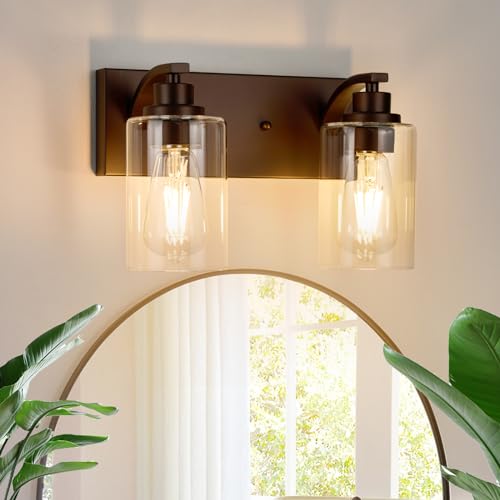 Image of 2-Light Bathroom Light Fixtures Modern ORB Vanity Lights | Easy to Install Clear Glass Shades, Wall Mount Up or Down, E26 Socket, Hardwired, 120V