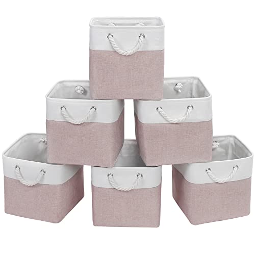 Finishingbo Cube Storage Bins, 6 Pack 11X11 Inch With Cotton Handles For Closet, Shelves, Clothes, Toys, Towel (White/Pink) #TOP2