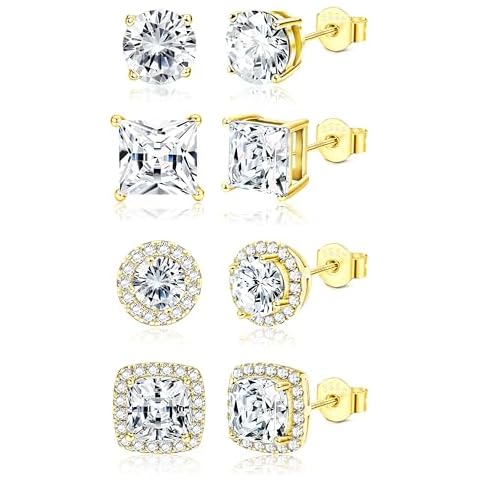 Dochais 4Pairs Mens Earrings 18K Gold Plated Stud Earrings for Men 925 Sterling Silver Halo Stud Earrings Set Hypoallergenic Cubic Zirconia Stud Earrings Silver Stud Earrings for Women Men Gold Cover