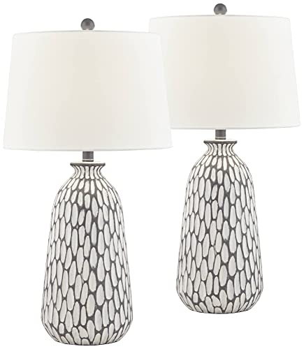 360 Lighting Carlton Modern Coastal Table Lamps 28 1/4" Tall Set of 2 Gray Wash Off White Fabric Tapered Drum Shade for Living Room Bedroom House Bedside Nightstand Home Office Family - Image 2