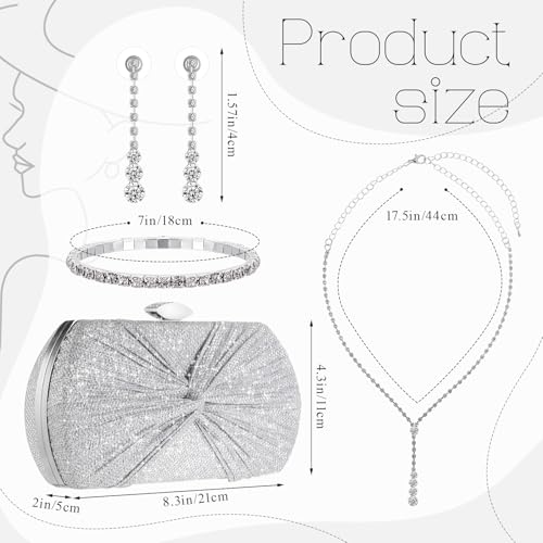 Blosssound 4 Pcs Silver Clutch Purse Jewelry Set for Women Includes Rhinestone Purse Silver Hand Bag Crystal Necklace Earrings Bracelets for Bridal Wedding Evening Party Accessories2