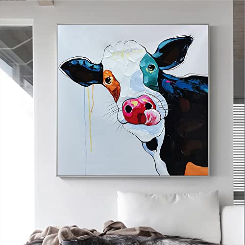Grand tableau vache peinture à l'huile sur toile moderne art mural chambre 70x70 cm - 6