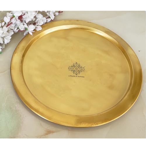 Image of INDIAN ART VILLA Handcrafted Brass Plain Plate /Thali, Matte Finish, Ideal for Serving Food or Home Decor, Diameter - 16 inch