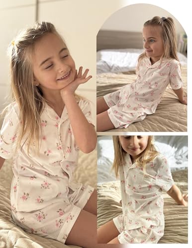 Image of Arshiner Girls Pajamas Sets Short Sleeve Kids Pjs Button Down Sleepwear | Cute Printed Pajamas for Little & Big Girl, Lightweight Comfy Fabric, 2-Piece Outfits, Perfect for Lounge Pajamas Party