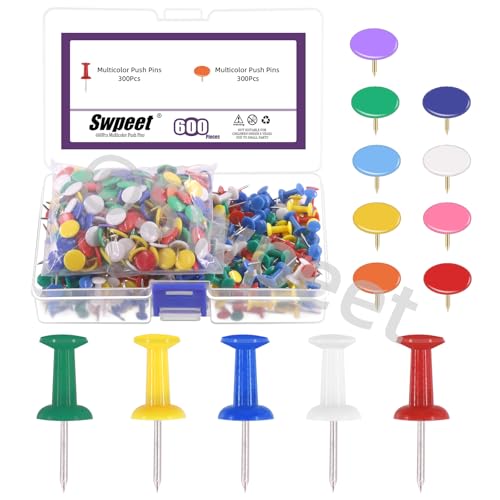 Swpeet Thumbtacks - Pines de empuje de colores planos para póster de corcho (600 unidades)