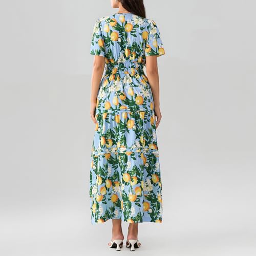Image of Women Summer Boho Maxi Dress Smocked Waist V-Neck Short Sleeve Tiered Flowy Dresses Beach Sundress Clubwear (A-01, L)