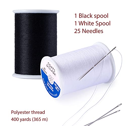 Coats & Clark 2 Pack - 1 Black And 1 White Dual Duty All Purpose Thread - 400 Yards Each Spool - Bundled With 25 Assorted Hand Needles #TOP1