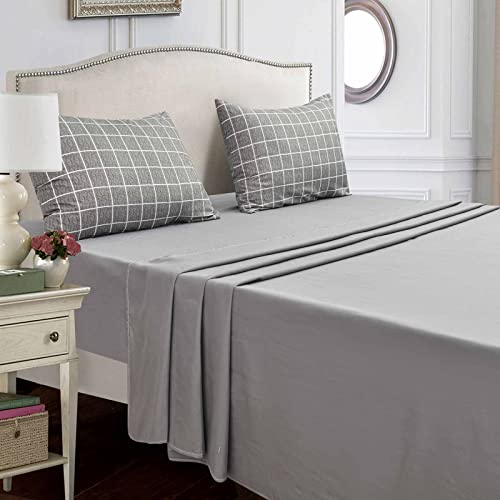 Queen Bed Sheet Set 4 Pcs, Grey Grid / Gray Plaid Geometry Pattern Soft Microfiber Bedding Sets - Flat Sheet 90X102, Fitted Sheet 60X80 And 14 Inch Pocket, 2 Pillowcases, Modern Style For Women Men #TOP1