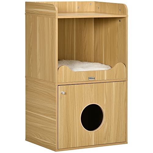 PawHut Maison de Toilette pour Chat, Meuble litière Chat, Armoire de Rangement, 3 Niveaux, Compartiment fermé par Une Porte, 1 Coussin, 60 x 45 x 103 cm