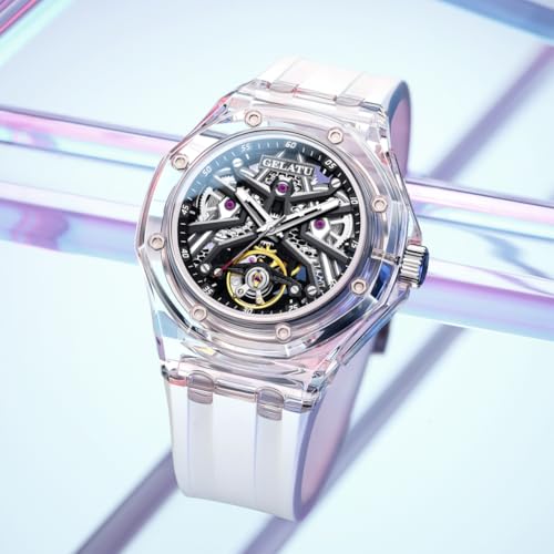 Image of OLEVS GELATU Watch for Men Mechanical Luxury Diamond Watch Skeleton Automatic Waterproof Sapphire Waterproof Luminous Watches White